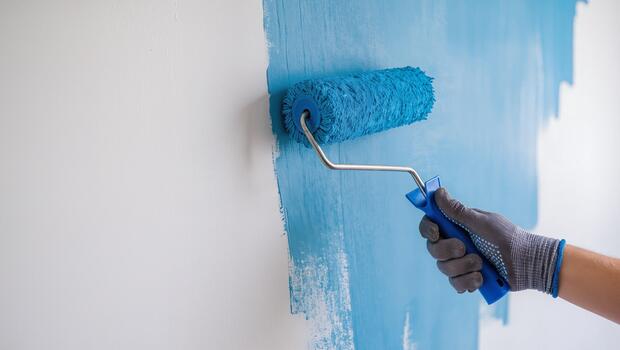 Fresh blue paint being applied to an interior wall