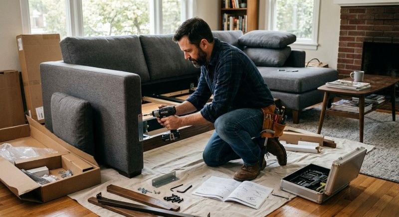 Worker assembling a cabinet indoors