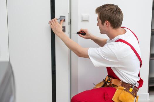 Locksmith repairing a handle on a wooden door